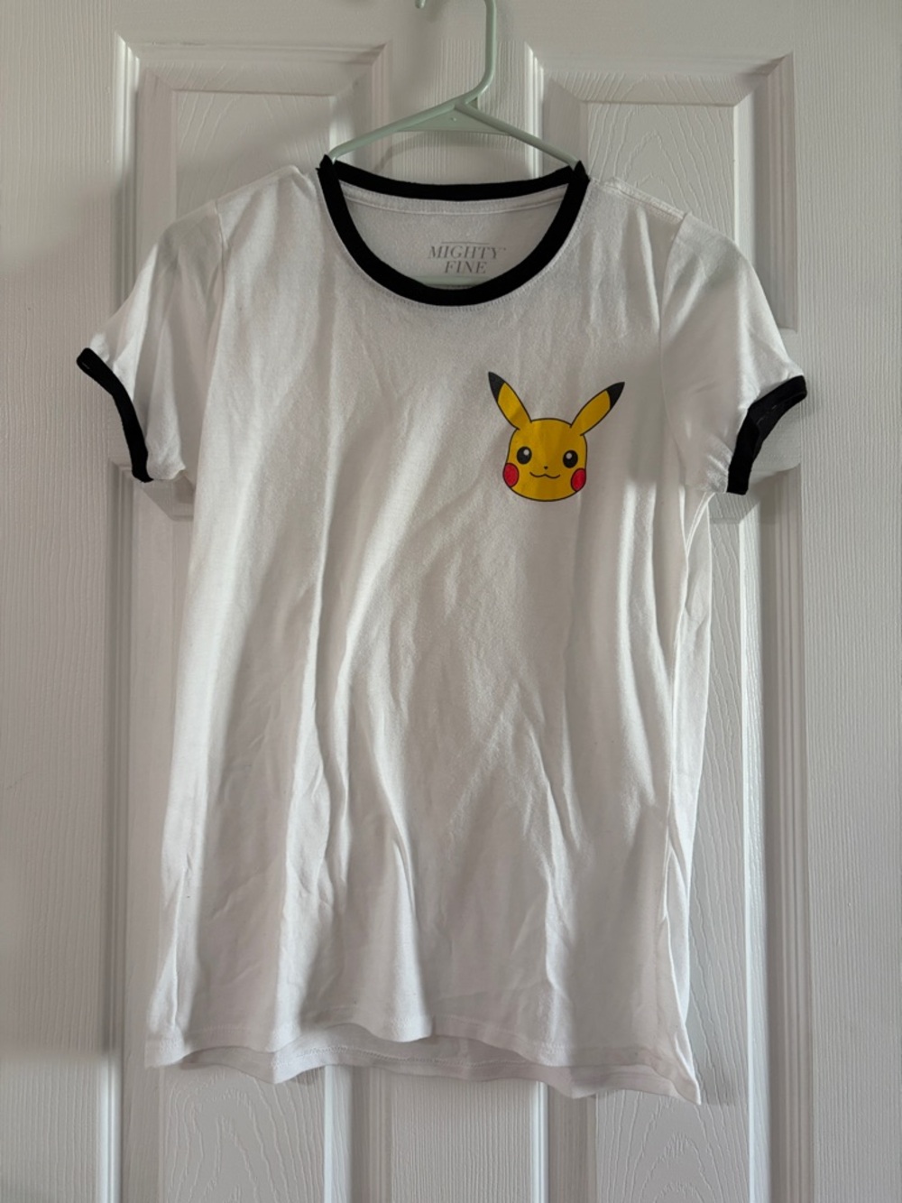 Mighty Fine White Ringer Tee with Yellow Pikachu Pocket Graphic